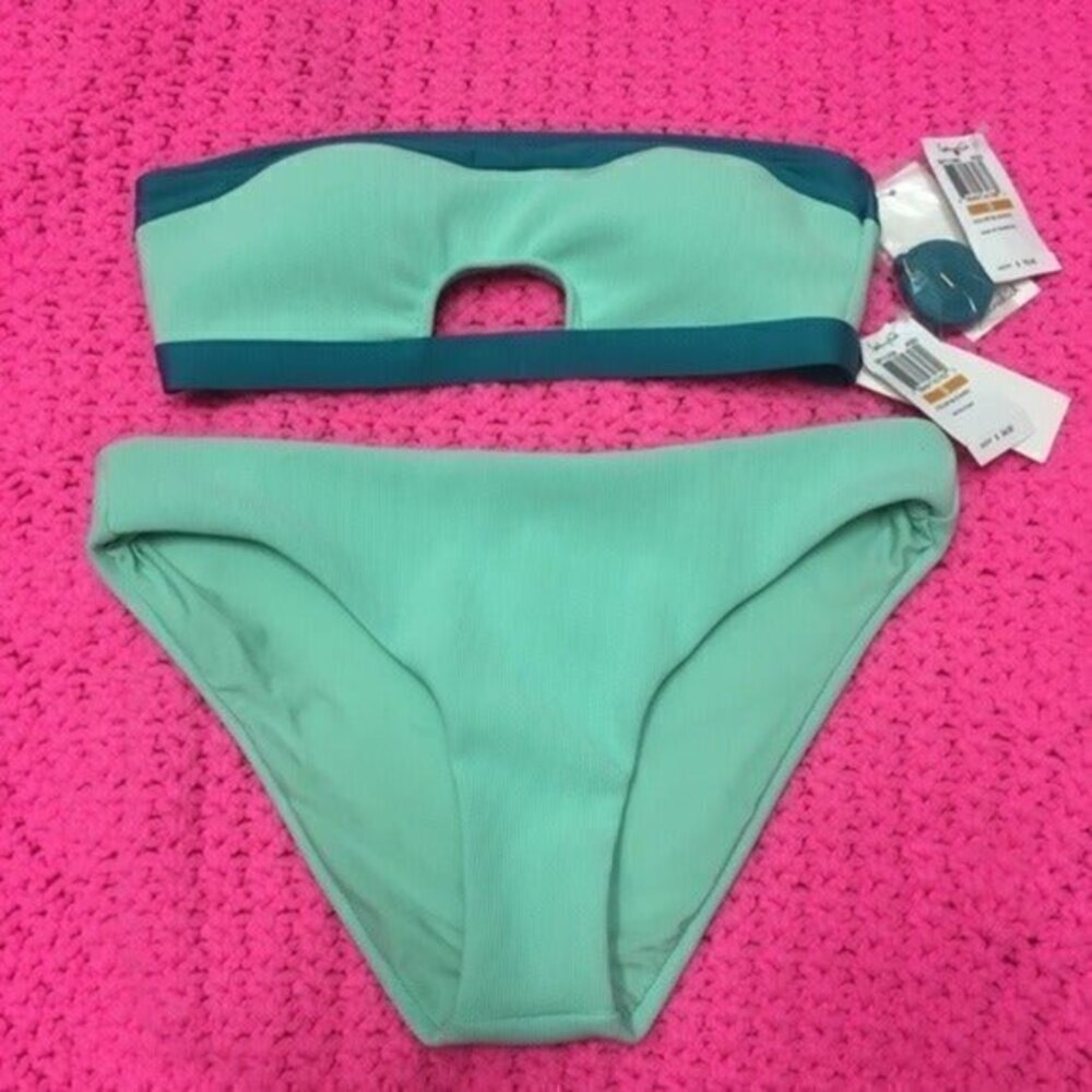 Splendid Aqua Bikini Strapless Colorblock Strapless Cutout Detail Hipster NWT